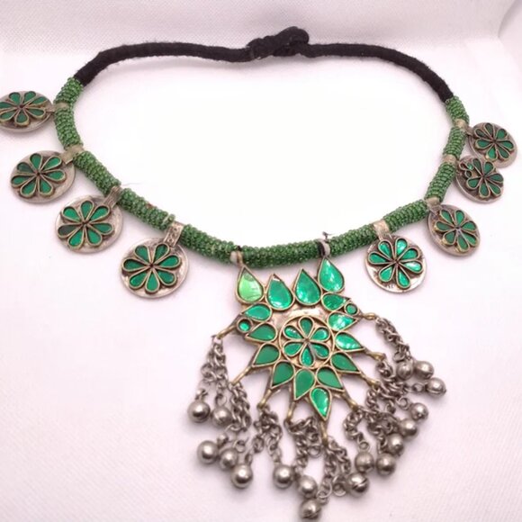 Afghan Antique Green Or Red Stones Kuchi Necklace, Handmade Boho Necklace, - Picture 1 of 7